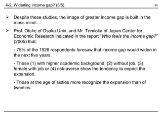 4-2. Widening income gap? (5/5) Despite these studies, the image of greater income gap is built in the mass mind….  Prof. Otake of Osaka Univ. and Mr. Tomioka of Japan Center for Economic Research indicated in the report “ Who feels the income gap? ” (2005) that: - 75% of the 1928 respondents foresaw that income gap would widen in the next five years. - Those (1) with higher academic background, (2) without job, (3) female with job or (4) risk-averse show the tendency to expect the expansion. - Those at the age of sixties more recognize the expansion than of twenties.  