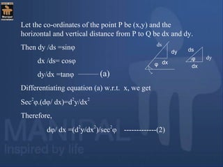 Let the co-ordinates of the point P be (x,y) and the
horizontal and vertical distance from P to Q be dx and dy.
Then dy /ds =sinφ
dx /ds= cosφ
dy/dx =tanφ
Differentiating equation (a) w.r.t. x, we get
Sec
2
φ.(dφ/ dx)=d
2
y/dx
2
Therefore,
dφ/ dx =(d
2
y/dx
2
)/sec
2
φ -------------(2)
dy
dxφ dx
ds
φ
ds
dy
(a)
 