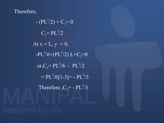 Therefore,
- (PL
2
/2) + C1= 0
C1= PL
2
/2
At x = L, y = 0,
-PL
3
/6+(PL
2
/2) L+C2=0
or,C2= PL
3
/6 - PL
3
/2
= PL
3
/6[1-3]= - PL
3
/3
Therefore ,C2= - PL
3
/3
 