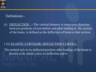 Definitions:-
(i) DEFLECTION :-The vertical distance in transverse direction
between positions of axis before and after loading at the section
of the beam, is defined as the deflection of beam at that section.
( (ii) ELASTIC CURVE(OR, DEFLECTION CURVE):-
The neutral axis in its deflected position after loading of the beam is
known as its elastic curve or deflection curve
 