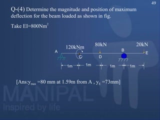 Q-(4) Determine the magnitude and position of maximum
deflection for the beam loaded as shown in fig.
Take EI=800Nm
2
E
B
D
A
C
1m1m 1m 1m
[Ans:ymax =80 mm at 1.59m from A , yE =73mm]
120kNm
80kN 20kN
49
 
