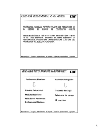 6
PAVIMENTOS FLEXIBLES. PERMITE UTILIZAR LOS RESULTADOS EN
EL MÉTODO DE DISEÑO DE PAVIMENTOS AASHTO
PAVIMENTOS RÍGIDOS. LAS DEFLEXIONES MEDIDAS EN EL CENTRO
DE LA LOSA PERMITEN, MEDIANTE MÉTODOS ELÁSTICOS DE
RETROANÁLISIS, EVALUAR LAS CARACTERÍSTICAS ELÁSTICAS DEL
PAVIMENTO Y DEL SUELO DE FUNDACIÓN.
¿PARA QUÉ SIRVE CONOCER LA DEFLEXIÓN?
Marco teórico - Equipos - Deflectómetro de Impacto - Ensayos – Retroanálisis - Ejemplos
Pavimentos Flexibles Pavimentos Rígidos
Módulo Resiliente
Número Estructural
Módulo del Pavimento
Deflexiones Máximas
Traspaso de carga
Existencia de vacíos
K reacción
¿PARA QUÉ SIRVE CONOCER LA DEFLEXIÓN?
Marco teórico - Equipos - Deflectómetro de Impacto - Ensayos – Retroanálisis - Ejemplos
 