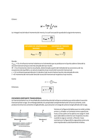 O bien:
La integral nosbrindael momentode inercia,lo cual laecuaciónquedade lasiguientemanera.
ESFUERZO DE COMPRENSION
MAXIMO
ESFUERZO DE TENSION
MAXIMO
𝝈 𝒎𝒂𝒙 = −
𝑴𝒄
𝑰
𝜎 𝑚𝑎𝑥 = +
𝑀𝑐
𝐼
Donde:
𝜎 𝑚𝑎𝑥 = Es el esfuerzonormal máximoenel elemento que se produce enel puntosobre el áreade la
seccióntransversal que estámásalejadodel eje neutro.
𝑀 = Es el momentointernoresultante,determinadoapartirdel métodode lasseccionesyde las
ecuacionesde equilibrio;se calcularespectoal eje neutrode laseccióntransversal.
𝑐 = Es la distanciaperpendicular(+) desde el eje neutrohastael punto másalejadode este.
𝐼 =El momentode inerciadel áreade laseccióntransversal respectoal eje neutro.
Como
𝜎 = − (
𝑦
𝑐
) 𝜎 𝑚𝑎𝑥
Entonces
ESFUERZO CORTANTE TRANSVERSAL
La fuerzacortante V es el resultadode unadistribucióndel esfuerzocortante que actúasobre lasección
transversal de laviga.Sinembargodebidoala propiedad complementariade lafuerzacortante,este
produciráesfuerzoscortanteslongitudinales,que actuarana lolargode planoslongitudinalesde laviga.
Vemosenlafigura(a) tablasque no estánunidas
entre sí, al haber uncontacto entre superficies
lisasy a lascualesse lesaplicauna carga P, hará
que cada tabla se deslice conrespectoala otra
cuandola vigase somete aflexión.Caso
contrarioen lafigura(b) la vigaactúa como una
solaimpidiendosudeslizamientorelativo.
 