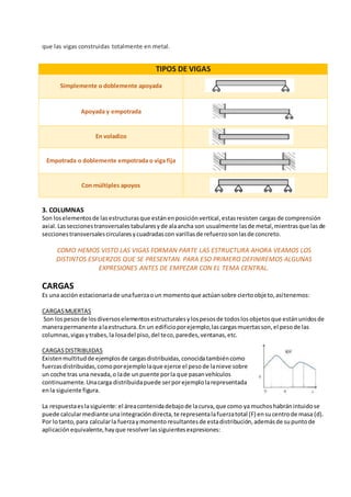 que las vigas construidas totalmente en metal.
TIPOS DE VIGAS
Simplemente o doblemente apoyada
Apoyada y empotrada
En voladizo
Empotrada o doblemente empotrada o viga fija
Con múltiples apoyos
3. COLUMNAS
Son loselementosde lasestructurasque estánenposiciónvertical,estasresisten cargasde comprensión
axial.Lasseccionestransversalestabularesyde alaancha son usualmente lasde metal,mientrasque lasde
seccionestransversalescircularesycuadradascon varillasde refuerzosonlasde concreto.
COMO HEMOS VISTO LAS VIGAS FORMAN PARTE LAS ESTRUCTURA AHORA VEAMOS LOS
DISTINTOS ESFUERZOS QUE SE PRESENTAN. PARA ESO PRIMERO DEFINIREMOS ALGUNAS
EXPRESIONES ANTES DE EMPEZAR CON EL TEMA CENTRAL.
CARGAS
Es una acción estacionariade unafuerzaoun momentoque actúansobre ciertoobjeto,asítenemos:
CARGASMUERTAS
Son lospesosde losdiversoselementosestructuralesylospesosde todoslosobjetosque estánunidosde
manerapermanente alaestructura.En un edificioporejemplo,lascargasmuertasson,el pesode las
columnas,vigasytrabes,la losadel piso,del teco,paredes,ventanas,etc.
CARGASDISTRIBUIDAS
Existenmultitudde ejemplosde cargasdistribuidas,conocidatambiéncomo
fuerzasdistribuidas,comoporejemplolaque ejerce el pesode lanieve sobre
un coche tras una nevada,o lade unpuente porla que pasanvehículos
continuamente.Unacarga distribuidapuede serporejemplolarepresentada
enla siguiente figura.
La respuestaeslasiguiente: el áreacontenidadebajode lacurva,que como ya muchoshabránintuidose
puede calcularmediante una integracióndirecta,te representalafuerzatotal (F) ensucentrode masa (d).
Por lotanto,para calcularla fuerzaymomentoresultantesde estadistribución,ademásde supuntode
aplicación equivalente,hayque resolverlassiguientesexpresiones:
 