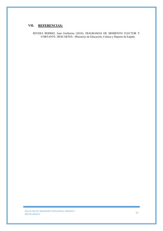 FACULTAD DE INGENIERIA GEOLOGICA, MINERA Y
METALURGICA
14
VII. REFERENCIAS:
RIVERA BERRIO, Juan Guillermo (2010). DIAGRAMAS DE MOMENTO FLECTOR Y
AAAACORTANTE. DESCARTES - Ministerio de Educación, Cultura y Deporte de España.
 