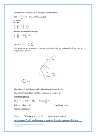 FACULTAD DE INGENIERIA GEOLOGICA, MINERA Y
METALURGICA
5
En la sección de estudio, en su configuración deformada:
𝑇𝑔𝜃 =
𝑑𝑦
𝑑𝑥
= 𝜃 (Por ser “θ” pequeño)
Luego: θ =
𝑑𝑦
𝑑𝑥

𝑑θ
𝑑𝑥
=
𝑑2 𝑦
𝑑𝑥2
Esta ecuación se denomina, ecuación diferencial del eje deformado de la viga o
simplemente: elástica
𝐸𝐼
𝑑2
𝑦
𝑑𝑥2
= 𝑀
Al producto EI, se le llama rigidez a la deformación por flexión.
Ecuación diferencial con variables separables, la solución es:
Primera integración:
𝐸𝐼
𝑑𝑦
𝑑𝑥
= ∫ 𝑀𝑑𝑥 + 𝐶1 ; Como:
𝑑𝑦
𝑑𝑥
=θ
𝐸𝐼𝜃 = 𝑀𝑑𝑥 + 𝐶1 Ecuación de giros
Segunda integración:
𝐸𝐼𝑦 = ∫ 𝑀𝑑𝑥𝑑𝑥 + 𝐶1𝑥 + 𝐶2 Ecuación de la elástica
Las constantes C1 y C2, se obtienen de la condición de bordes o extremos de la viga
 
