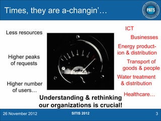 Times, they are a-changin’…
ICT

Less resources

Businesses
Energy production & distribution

Higher peaks
of requests

Transport of
goods & people
Water treatment
& distribution

Higher number
of users…

Understanding & rethinking
our organizations is crucial!
26 November 2012

SITIS 2012

Healthcare…

3

 