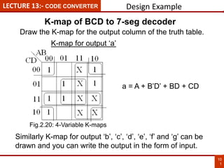 LECTURE 13:- CODE CONVERTER
10
1
Draw the K-map for the output column of the truth table.
K-map for output ‘a’
a = A + B’D’ + BD + CD
Similarly K-map for output ‘b’, ‘c’, ‘d’, ‘e’, ‘f’ and ‘g’ can be
drawn and you can write the output in the form of input.
K-map of BCD to 7-seg decoder
Design Example
Fig.2.20: 4-Variable K-maps
 
