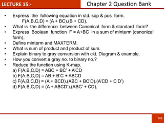 LECTURE 15:-
108
• Express the following equation in std. sop & pos form.
F(A,B,C,D) = (A + BC).(B + CD).
• What is the difference between Canonical form & standard form?
• Express Boolean function F = A+BC in a sum of minterm (canonical
form).
• Define minterm and MAXTERM.
• What is sum of product and product of sum.
• Explain binary to gray conversion with ckt. Diagram & example.
• How you convert a gray no. to binary no.?
• Reduce the function using K-map.
a) F(A,B,C,D) = ABC + BC’ + A’CD
b) F(A,B,C,D) = AB + B’C + ABCD
c) F(A,B,C,D) = (A + BCD).(ABC + BC’D).(A’CD + C’D’)
d) F(A,B,C,D) = (A + ABCD’).(ABC’ + CD).
Chapter 2 Question Bank
 