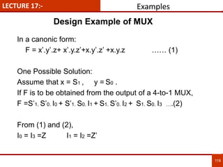 LECTURE 17:- Examples
119
119
In a canonic form:
F = x’.y’.z+ x’.y.z’+x.y’.z’ +x.y.z …… (1)
One Possible Solution:
Assume that x = S1 , y = S0 .
If F is to be obtained from the output of a 4-to-1 MUX,
F =S’1. S’0. I0 + S’1. S0. I1 + S1. S’0. I2 + S1. S0. I3 ….(2)
From (1) and (2),
I0 = I3 =Z I1 = I2 =Z’
Design Example of MUX
 