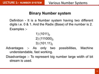 LECTURE 1:- NUMBER SYSTEM Various Number Systems
Binary Number system
Definition - It is a Number system having two different
digits i.e. 0 & 1. And the Radix (Base) of the number is 2.
Examples :-
1) (1011)2
2) (111000)2
3) (101.11)2
Advantages :- As only two possibilities, Machine
understandable, fast working.
Disadvantage :- To represent big number large width of bit
stream is used.
14
14
 