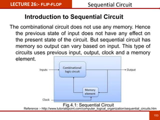 LECTURE 26:- FLIP-FLOP Sequential Circuit
153
153
The combinational circuit does not use any memory. Hence
the previous state of input does not have any effect on
the present state of the circuit. But sequential circuit has
memory so output can vary based on input. This type of
circuits uses previous input, output, clock and a memory
element.
Introduction to Sequential Circuit
Reference :- http://www.tutorialspoint.com/computer_logical_organization/sequential_circuits.htm
Fig.4.1: Sequential Circuit
 