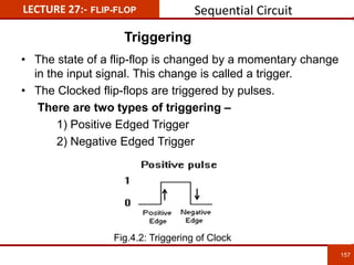157
157
LECTURE 27:- FLIP-FLOP
Triggering
• The state of a flip-flop is changed by a momentary change
in the input signal. This change is called a trigger.
• The Clocked flip-flops are triggered by pulses.
There are two types of triggering –
1) Positive Edged Trigger
2) Negative Edged Trigger
Sequential Circuit
Fig.4.2: Triggering of Clock
 