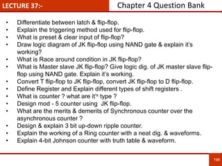 LECTURE 37:-
198
• Differentiate between latch & flip-flop.
• Explain the triggering method used for flip-flop.
• What is preset & clear input of flip-flop?
• Draw logic diagram of JK flip-flop using NAND gate & explain it’s
working?
• What is Race around condition in JK flip-flop?
• What is Master slave JK flip-flop? Give logic dig. of JK master slave flip-
flop using NAND gate. Explain it’s working.
• Convert T flip-flop to JK flip-flop, convert JK flip-flop to D flip-flop.
• Define Register and Explain different types of shift registers .
• What is counter ? what are it’s type ?
• Design mod - 5 counter using JK flip-flop.
• What are the merits & demerits of Synchronous counter over the
asynchronous counter ?
• Design & explain 3 bit up-down ripple counter.
• Explain the working of a Ring counter with a neat dig. & waveforms.
• Explain 4-bit Johnson counter with truth table & waveform.
Chapter 4 Question Bank
 