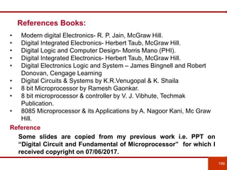 References Books:
199
• Modern digital Electronics- R. P. Jain, McGraw Hill.
• Digital Integrated Electronics- Herbert Taub, McGraw Hill.
• Digital Logic and Computer Design- Morris Mano (PHI).
• Digital Integrated Electronics- Herbert Taub, McGraw Hill.
• Digital Electronics Logic and System – James Bingnell and Robert
Donovan, Cengage Learning
• Digital Circuits & Systems by K.R.Venugopal & K. Shaila
• 8 bit Microprocessor by Ramesh Gaonkar.
• 8 bit microprocessor & controller by V. J. Vibhute, Techmak
Publication.
• 8085 Microprocessor & its Applications by A. Nagoor Kani, Mc Graw
Hill.
Reference
Some slides are copied from my previous work i.e. PPT on
“Digital Circuit and Fundamental of Microprocessor” for which I
received copyright on 07/06/2017.
 