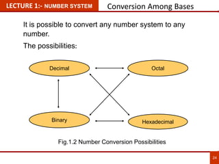 LECTURE 1:- NUMBER SYSTEM Conversion Among Bases
It is possible to convert any number system to any
number.
The possibilities:
Hexadecimal
Decimal Octal
Binary
24
24
Fig.1.2 Number Conversion Possibilities
 