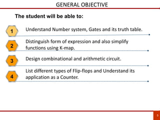 GENERAL OBJECTIVE
1
2
5
The student will be able to:
Distinguish form of expression and also simplify
functions using K-map.
Understand Number system, Gates and its truth table.
3 Design combinational and arithmetic circuit.
4
List different types of Flip-flops and Understand its
application as a Counter.
 