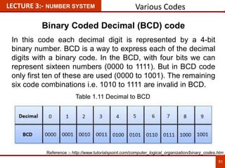 Various Codes
51
LECTURE 3:- NUMBER SYSTEM
Binary Coded Decimal (BCD) code
In this code each decimal digit is represented by a 4-bit
binary number. BCD is a way to express each of the decimal
digits with a binary code. In the BCD, with four bits we can
represent sixteen numbers (0000 to 1111). But in BCD code
only first ten of these are used (0000 to 1001). The remaining
six code combinations i.e. 1010 to 1111 are invalid in BCD.
Reference :- http://www.tutorialspoint.com/computer_logical_organization/binary_codes.htm
Table 1.11 Decimal to BCD
 