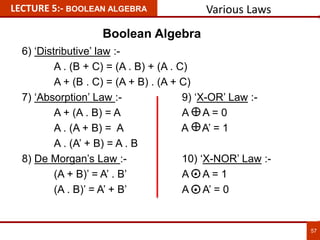 6) ‘Distributive’ law :-
A . (B + C) = (A . B) + (A . C)
A + (B . C) = (A + B) . (A + C)
7) ‘Absorption’ Law :- 9) ‘X-OR’ Law :-
A + (A . B) = A A A = 0
A . (A + B) = A A A’ = 1
A . (A’ + B) = A . B
8) De Morgan’s Law :- 10) ‘X-NOR’ Law :-
(A + B)’ = A’ . B’ A A = 1
(A . B)’ = A’ + B’ A A’ = 0
LECTURE 5:- BOOLEAN ALGEBRA
57
Various Laws
Boolean Algebra
 