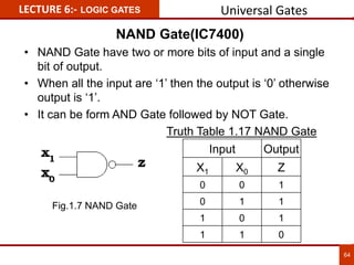 NAND Gate(IC7400)
• NAND Gate have two or more bits of input and a single
bit of output.
• When all the input are ‘1’ then the output is ‘0’ otherwise
output is ‘1’.
• It can be form AND Gate followed by NOT Gate.
Truth Table 1.17 NAND Gate
Input Output
X1 X0 Z
0 0 1
0 1 1
1 0 1
1 1 0
LECTURE 6:- LOGIC GATES
64
Universal Gates
Fig.1.7 NAND Gate
 