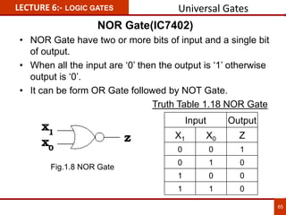 NOR Gate(IC7402)
• NOR Gate have two or more bits of input and a single bit
of output.
• When all the input are ‘0’ then the output is ‘1’ otherwise
output is ‘0’.
• It can be form OR Gate followed by NOT Gate.
Truth Table 1.18 NOR Gate
Input Output
X1 X0 Z
0 0 1
0 1 0
1 0 0
1 1 0
LECTURE 6:- LOGIC GATES
65
Universal Gates
Fig.1.8 NOR Gate
 