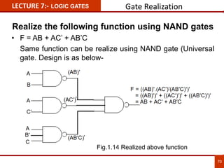 Realize the following function using NAND gates
• F = AB + AC’ + AB’C
Same function can be realize using NAND gate (Universal
gate. Design is as below-
LECTURE 7:- LOGIC GATES Gate Realization
70
Fig.1.14 Realized above function
 
