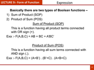 77
LECTURE 9:- Form of Function Expression
Basically there are two types of Boolean functions –
1) Sum of Product (SOP)
2) Product of Sum (POS)
Sum of Product (SOP)
This is a function having all product terms connected
with OR sign (+).
Exa :- F(A,B,C) = AB + BC + A’BC’
Product of Sum (POS)
This is a function having all sum terms connected with
AND sign (.).
Exa :- F(A,B,C) = (A+B’) . (B’+C) . (A+B+C)
 