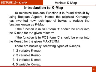 To minimize Boolean Function it is found difficult by
using Boolean Algebra. Hence the scientist Karnaugh
has invented new technique of boxes to reduce the
function known as K-Map.
If the function is in SOP form ‘1’ should be enter into
the K-map for the given minterm.
If the function is in POS form ‘0’ should be enter into
the K-map for the given MAXTERM.
There are basically following types of K-maps
1. 2 variable K-map.
2. 3 variable K-map.
3. 4 variable K-map.
4. 5 variable K-map.
LECTURE 10:- K-MAP Various K-Map
81
Introduction to K-Map
 
