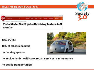 TAXIBOTS:
10% of all cars needed
no parking spaces
no accidents  healthcare, repair services, car insurance
no public transportation
WILL THIS BE OUR SOCIETY30?
 