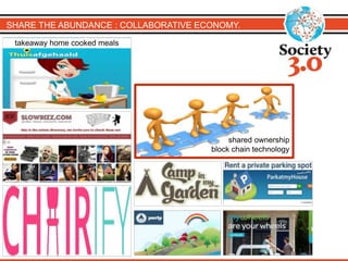 SHARE THE ABUNDANCE : COLLABORATIVE ECONOMY.
takeaway home cooked meals
shared ownership
block chain technology
 