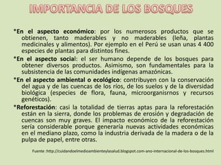*En el aspecto económico: por los numerosos productos que se
  obtienen, tanto maderables y no maderables (leña, plantas
  medicinales y alimentos). Por ejemplo en el Perú se usan unas 4 400
  especies de plantas para distintos fines.
*En el aspecto social: el ser humano depende de los bosques para
  obtener diversos productos. Asimismo, son fundamentales para la
  subsistencia de las comunidades indígenas amazónicas.
*En el aspecto ambiental o ecológico: contribuyen con la conservación
  del agua y de las cuencas de los ríos, de los suelos y de la diversidad
  biológica (especies de flora, fauna, microorganisrnos y recursos
  genéticos).
*Reforestación: casi la totalidad de tierras aptas para la reforestación
  están en la sierra, donde los problemas de erosión y degradación de
  cuencas son muy graves. El impacto económico de la reforestación
  sería considerable porque generaría nuevas actividades económicas
  en el mediano plazo, como la industria derivada de la madera o de la
  pulpa de papel, entre otras.
      Fuente :http://cuidandoelmedioambienteylasalud.blogspot.com-ano-internacional-de-los-bosques.html
 