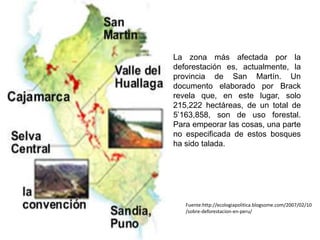 La zona más afectada por la
deforestación es, actualmente, la
provincia de San Martín. Un
documento elaborado por Brack
revela que, en este lugar, solo
215,222 hectáreas, de un total de
5’163,858, son de uso forestal.
Para empeorar las cosas, una parte
no especificada de estos bosques
ha sido talada.




   Fuente:http://ecologiapolitica.blogsome.com/2007/02/10
   /sobre-deforestacion-en-peru/
 