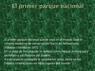 El primer parque nacional que se creó en el mundo bajo el
criterio moderno de conservación fue el de Yellowstone
(Estados Unidos) en 1872.
En su Acta de Declaración se definió como Parque público para
beneficio y satisfacción del pueblo'.
A este espacio protegido le sucedieron otros, tanto en los
Estados Unidos como en otros lugares del mundo
 