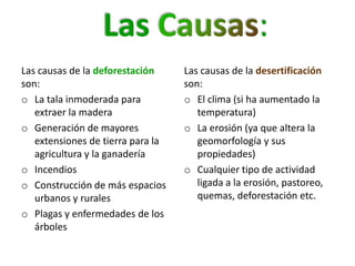 Las                               :
Las causas de la deforestación     Las causas de la desertificación
son:                               son:
o La tala inmoderada para          o El clima (si ha aumentado la
   extraer la madera                  temperatura)
o Generación de mayores            o La erosión (ya que altera la
   extensiones de tierra para la      geomorfología y sus
   agricultura y la ganadería         propiedades)
o Incendios                        o Cualquier tipo de actividad
o Construcción de más espacios        ligada a la erosión, pastoreo,
   urbanos y rurales                  quemas, deforestación etc.
o Plagas y enfermedades de los
   árboles
 