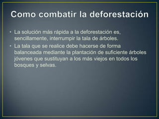 • La solución más rápida a la deforestación es,
sencillamente, interrumpir la tala de árboles.
• La tala que se realice debe hacerse de forma
balanceada mediante la plantación de suficiente árboles
jóvenes que sustituyan a los más viejos en todos los
bosques y selvas.
 