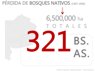 6,500,000 ha
T O T A L E S
BS.
AS.
PÉRDIDA DE BOSQUES NATIVOS (1987-2006)
FUENTE: Programa “Cambio Climático” – Canal Encuentro
 