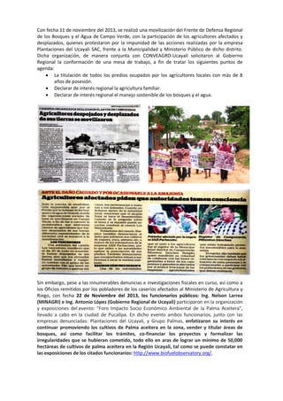 Con fecha 11 de noviembre del 2013, se realizó una movilización del Frente de Defensa Regional
de los Bosques y el Agua de Campo Verde, con la participación de los agricultores afectados y
desplazados, quienes protestaron por la impunidad de las acciones realizadas por la empresa
Plantaciones del Ucayali SAC, frente a la Municipalidad y Ministerio Público de dicho distrito.
Dicha organización, de manera conjunta con CONVEAGRO-Ucayali solicitaron al Gobierno
Regional la conformación de una mesa de trabajo, a fin de tratar los siguientes puntos de
agenda:
• La titulación de todos los predios ocupados por los agricultores locales con más de 8
años de posesión.
• Declarar de interés regional la agricultura familiar.
• Declarar de interés regional el manejo sostenible de los bosques y el agua.

Sin embargo, pese a las innumerables denuncias e investigaciones fiscales en curso, así como a
los Oficios remitidos por los pobladores de los caseríos afectados al Ministerio de Agricultura y
Riego, con fecha 22 de Noviembre del 2013, los funcionarios públicos: Ing. Nelson Larrea
(MINAGRI) e Ing. Antonio López (Gobierno Regional de Ucayali) participaron en la organización
y exposiciones del evento: "Foro Impacto Socio Económico Ambiental de la Palma Aceitera",
llevado a cabo en la ciudad de Pucallpa. En dicho evento ambos funcionarios, junto con las
empresas denunciadas: Plantaciones del Ucayali, y Grupo Palmas, enfatizaron su interés en
continuar promoviendo los cultivos de Palma aceitera en la zona, vender y titular áreas de
bosques, así como facilitar los trámites, co-financiar los proyectos y formalizar las
irregularidades que se hubieran cometido, todo ello en aras de lograr un mínimo de 50,000
hectáreas de cultivos de palma aceitera en la Región Ucayali, tal como se puede constatar en
las exposiciones de los citados funcionarios: http://www.biofuelobservatory.org/.

 