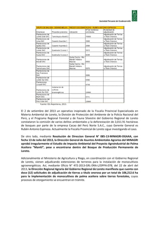 Sociedad Peruana de Ecodesarrollo

Fuente: IDL-Reporteros, 2013.

El 2 de setiembre del 2013 un operativo inopinado de la Fiscalía Provincial Especializada en
Materia Ambiental de Loreto, la División de Protección del Ambiente de la Policía Nacional del
Perú, y el Programa Regional Forestal y de Fauna Silvestre del Gobierno Regional de Loreto
constataron la comisión de varios delitos ambientales y la deforestación de 2,011.91 hectáreas
de bosques por parte de la empresa Cacao del Perú Norte S.A.C., cuyo Gerente General es
Rubén Antonio Espinoza. Actualmente la Fiscalía Provincial de Loreto sigue investigando el caso.
De otro lado, mediante Resolución de Direccion General N° 085-13-MINAGRI-DGAAA, con
fecha 13 de Julio del 2013, la Dirección General de Asuntos Ambientales Agrarios del MINAGRI
aprobó irregularmente el Estudio de Impacto Ambiental del Proyecto Agroindustrial de Palma
Aceitera “Manití”, pese a encontrarse dentro del Bosque de Producción Permanente de
Loreto.
Adicionalmente el Ministerio de Agricultura y Riego, en coordinación con el Gobierno Regional
de Loreto, vienen adjudicando extensiones de terrenos para la instalación de monocultivos
agroenergéticos. Así, mediante Oficio N° 472-2013-GRL-DRA-L/OPPA-078, del 22 de abril del
2013, la Dirección Regional Agraria del Gobierno Regional de Loreto manifiesta que cuenta con
doce (12) solicitudes de adjudicación de tierras a título oneroso por un total de 106,212.6 ha
para la implementación de monocultivos de palma aceitera sobre tierras forestales, cuyos
procesos de otorgamiento se encuentran en trámite.

 