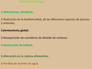 Consecuencias:   1-Alteraciones climáticas. 2-Reducción de la biodiversidad, de las diferentes especies de plantas y animales. Calentamiento global. 3-Desaparición de sumideros de dióxido de carbono. 4-Destrucción de hábitat. 5-Alteración en la cadena alimenticia. 6-Perdida de fuentes de agua. 