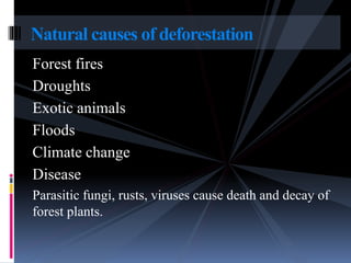Forest fires
Droughts
Exotic animals
Floods
Climate change
Disease
Parasitic fungi, rusts, viruses cause death and decay of
forest plants.
Natural causes of deforestation
 