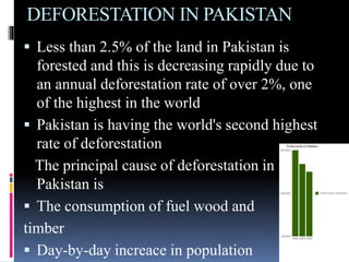 DEFORESTATION IN PAKISTAN
 Less than 2.5% of the land in Pakistan is
forested and this is decreasing rapidly due to
an annual deforestation rate of over 2%, one
of the highest in the world
 Pakistan is having the world's second highest
rate of deforestation
The principal cause of deforestation in
Pakistan is
 The consumption of fuel wood and
timber
 Day-by-day increace in population
 