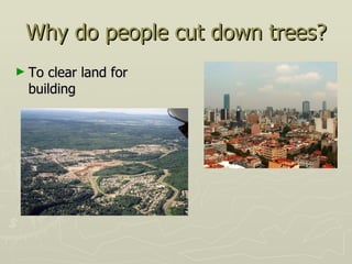 Why do people cut down trees?
► Toclear land for
 building
 