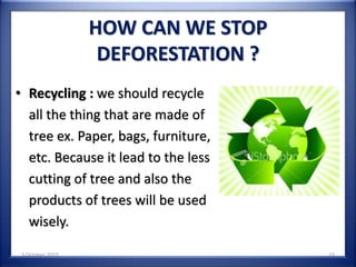 HOW CAN WE STOP
DEFORESTATION ?
• Recycling : we should recycle
all the thing that are made of
tree ex. Paper, bags, furniture,
etc. Because it lead to the less
cutting of tree and also the
products of trees will be used
wisely.
3 October 2015 23
 