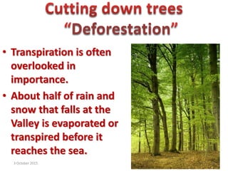 Deforestation
• Transpiration is often
overlooked in
importance.
• About half of rain and
snow that falls at the
Valley is evaporated or
transpired before it
reaches the sea.
3 October 2015 8
 
