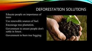 DEFORESTATION SOLUTIONS
Educate people on importance of
trees
Use renewable sources of fuel.
Encourage tree plantation.
Government to ensure people don't
settle in forest.
Government to burn tree logging.
 
