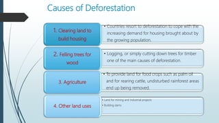 Causes of Deforestation
• Countries resort to deforestation to cope with the
increasing demand for housing brought about by
the growing population.
1. Clearing land to
build housing
• Logging, or simply cutting down trees for timber
one of the main causes of deforestation.
2. Felling trees for
wood
• To provide land for food crops such as palm oil
and for rearing cattle, undisturbed rainforest areas
end up being removed.
3. Agriculture
• Land for mining and industrial projects
• Building dams4. Other land uses
 