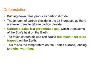 • Burning down trees produces carbon dioxide.
• The amount of carbon dioxide in the air increases as there
are fewer trees to take in carbon dioxide.
• Carbon dioxide is a greenhouse gas, which traps some
of the Sun’s heat on the Earth.
• Too much carbon dioxide can cause too much heat to be
trapped on the Earth.
• This raises the temperature on the Earth’s surface, leading
to global warming.
Deforestation
8
 