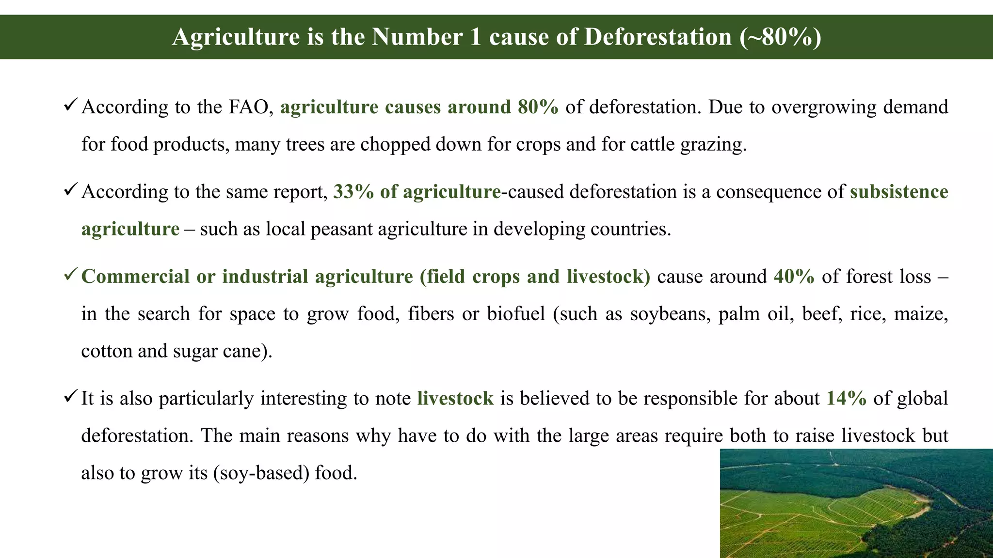 According to the FAO, agriculture causes around 80% of deforestation. Due to overgrowing demand
for food products, many trees are chopped down for crops and for cattle grazing.
According to the same report, 33% of agriculture-caused deforestation is a consequence of subsistence
agriculture – such as local peasant agriculture in developing countries.
Commercial or industrial agriculture (field crops and livestock) cause around 40% of forest loss –
in the search for space to grow food, fibers or biofuel (such as soybeans, palm oil, beef, rice, maize,
cotton and sugar cane).
It is also particularly interesting to note livestock is believed to be responsible for about 14% of global
deforestation. The main reasons why have to do with the large areas require both to raise livestock but
also to grow its (soy-based) food.
Agriculture is the Number 1 cause of Deforestation (~80%)
 