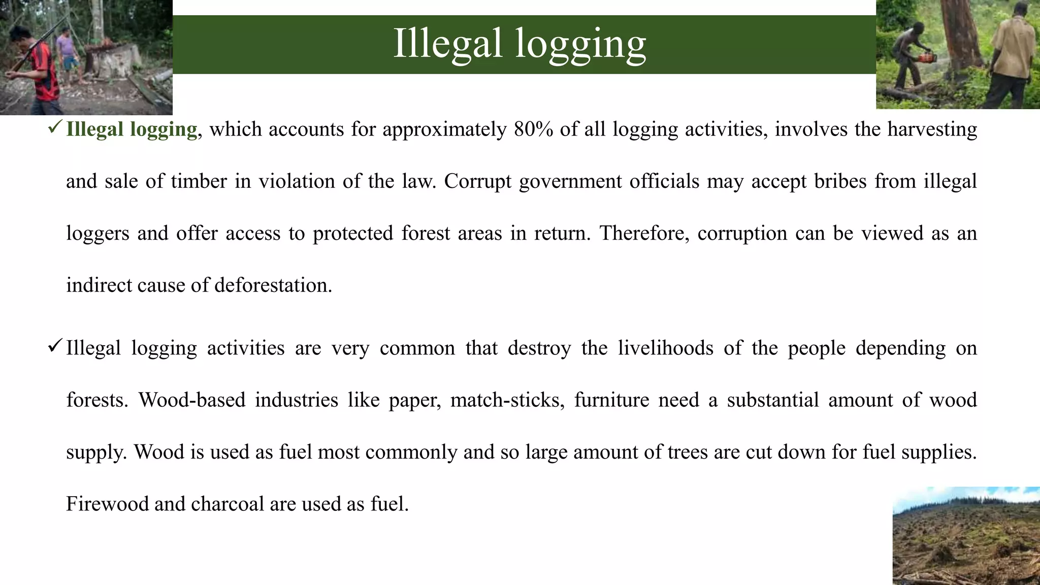 Illegal logging
Illegal logging, which accounts for approximately 80% of all logging activities, involves the harvesting
and sale of timber in violation of the law. Corrupt government officials may accept bribes from illegal
loggers and offer access to protected forest areas in return. Therefore, corruption can be viewed as an
indirect cause of deforestation.
Illegal logging activities are very common that destroy the livelihoods of the people depending on
forests. Wood-based industries like paper, match-sticks, furniture need a substantial amount of wood
supply. Wood is used as fuel most commonly and so large amount of trees are cut down for fuel supplies.
Firewood and charcoal are used as fuel.
 