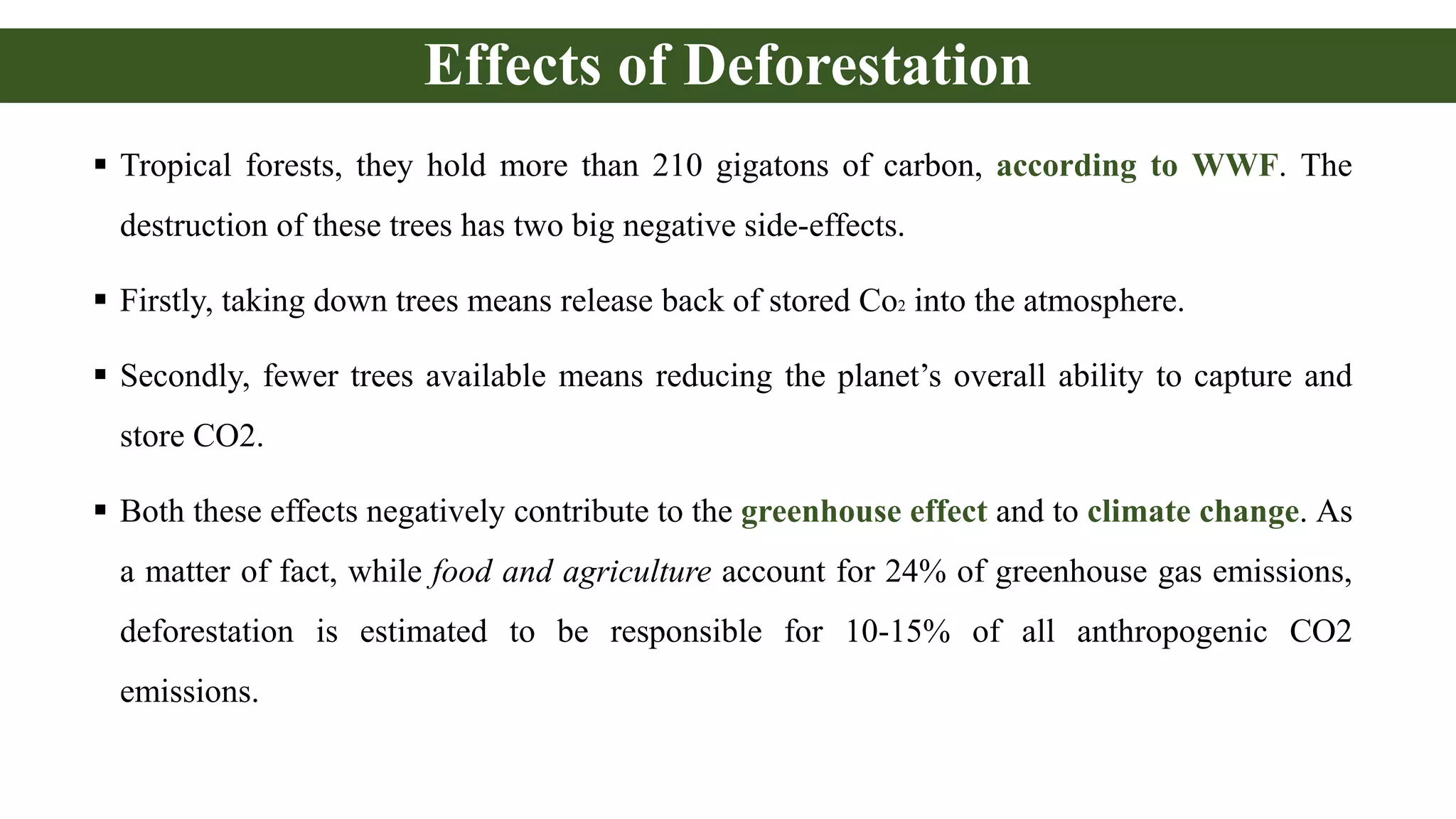 Effects of Deforestation
 Tropical forests, they hold more than 210 gigatons of carbon, according to WWF. The
destruction of these trees has two big negative side-effects.
 Firstly, taking down trees means release back of stored Co2 into the atmosphere.
 Secondly, fewer trees available means reducing the planet’s overall ability to capture and
store CO2.
 Both these effects negatively contribute to the greenhouse effect and to climate change. As
a matter of fact, while food and agriculture account for 24% of greenhouse gas emissions,
deforestation is estimated to be responsible for 10-15% of all anthropogenic CO2
emissions.
 